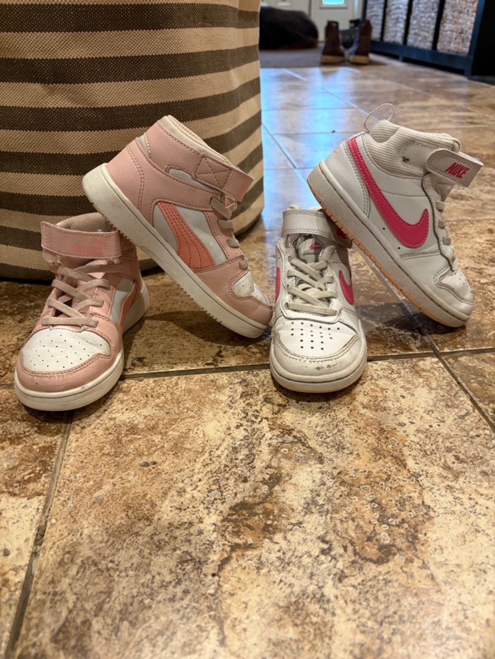 Nike and Puma Kids White & Pink High-Top Sneakers Duo